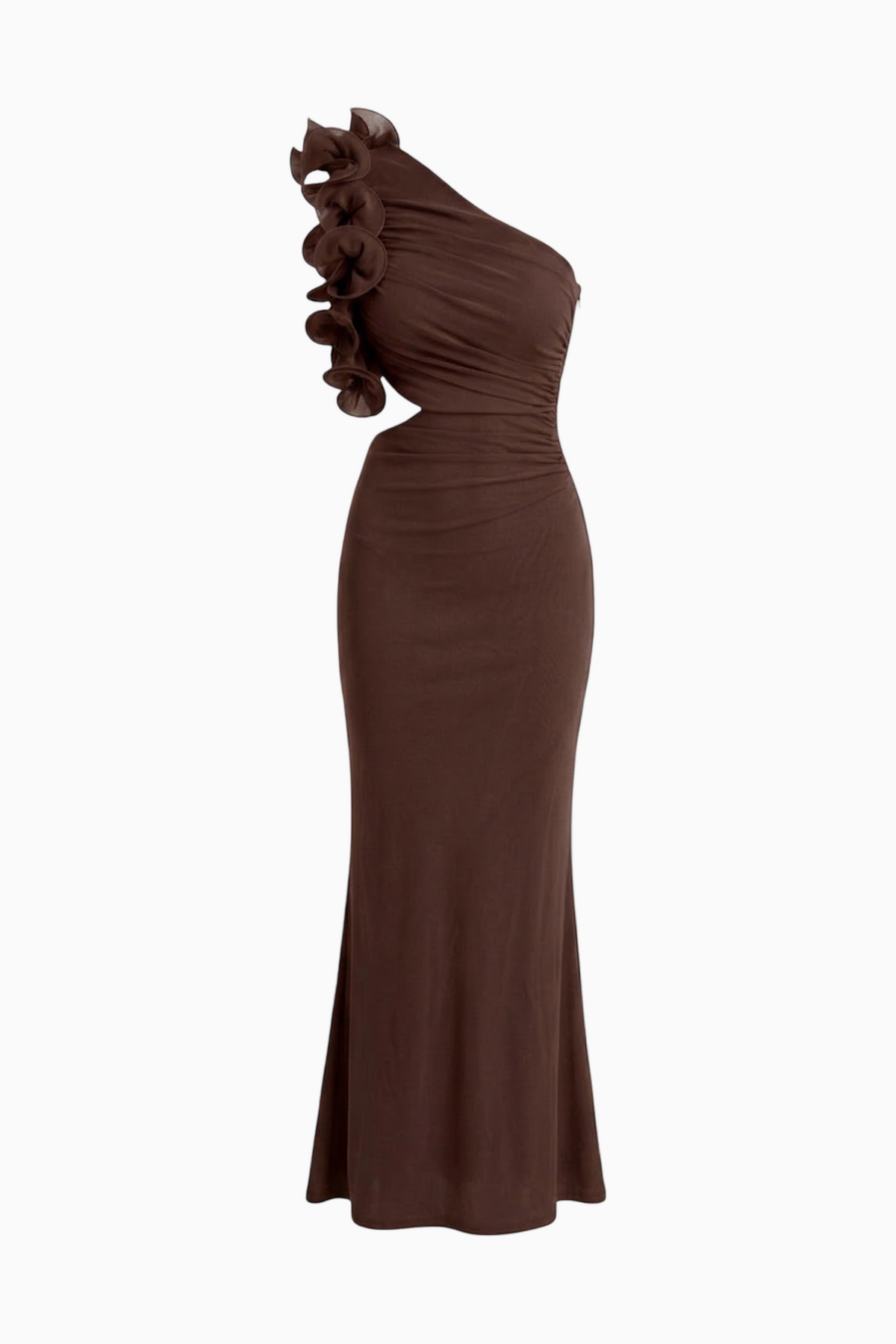 Brown One-Shoulder Ruffle Cutout Maxi Dress