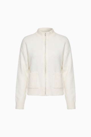Cream Ribbed Zip-Up Knit Cardigan