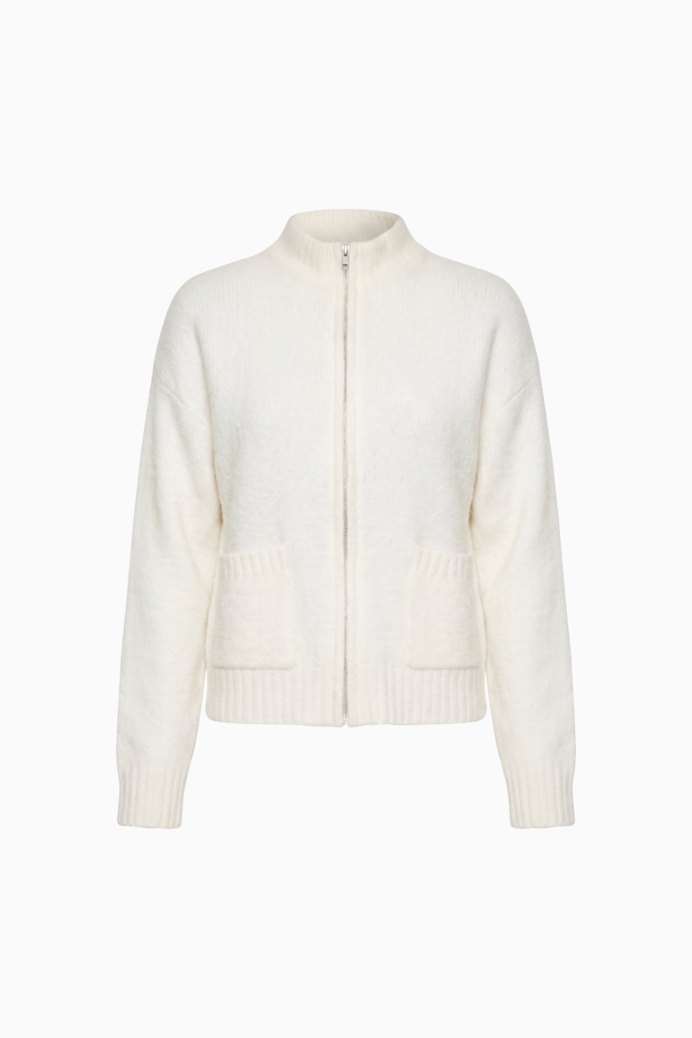 Cream Ribbed Zip-Up Knit Cardigan
