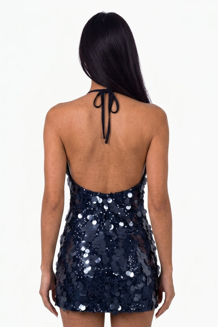 Navy Sequin Halter Mini Dress