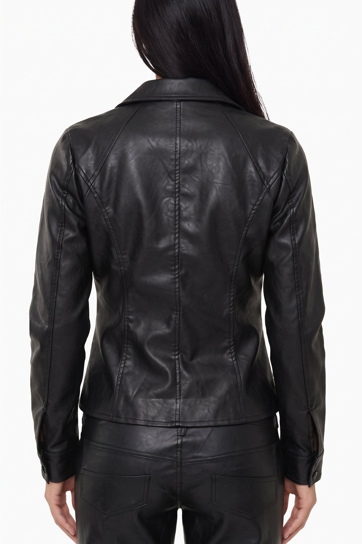 Black Faux Leather Double-Breasted Fitted Moto Jacket