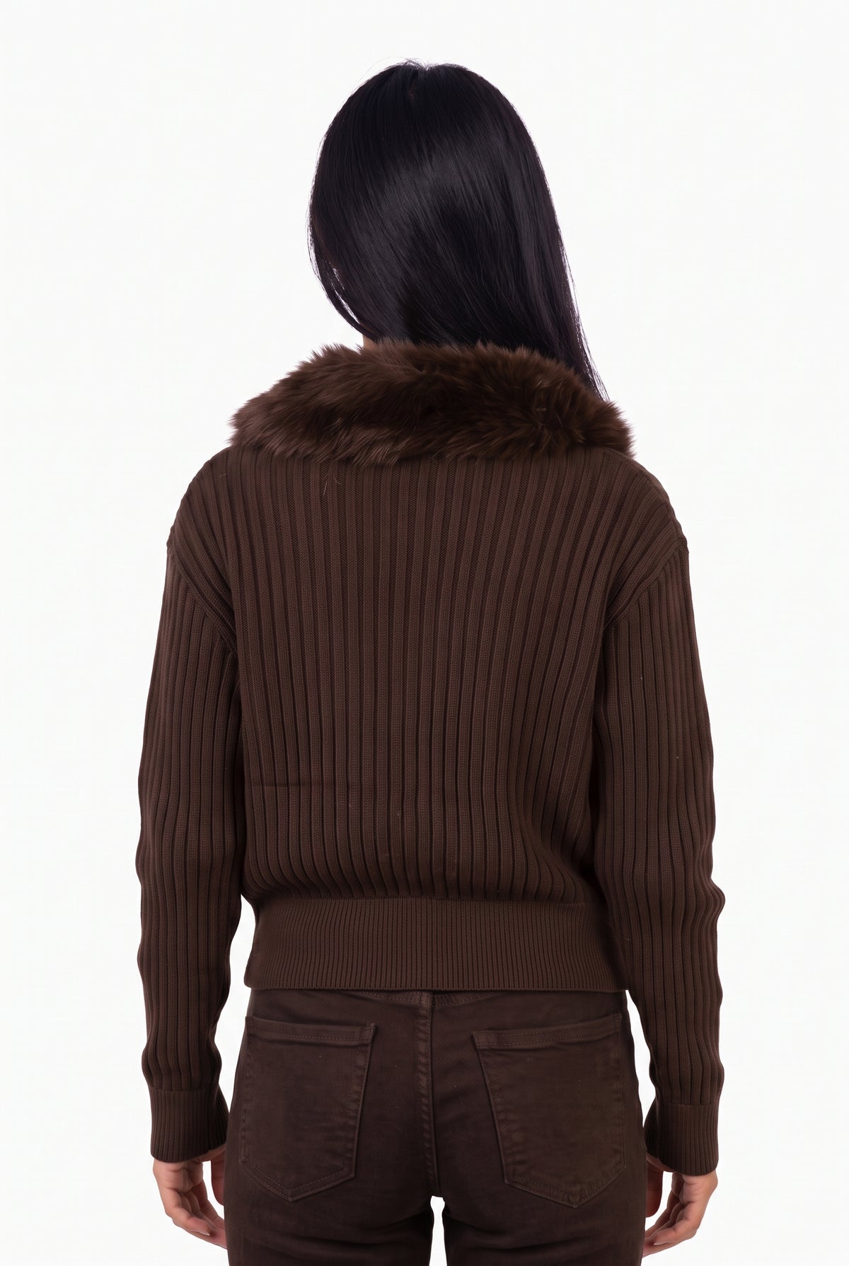 Espresso Faux Fur Collar Double-Zip Ribbed Cardigan