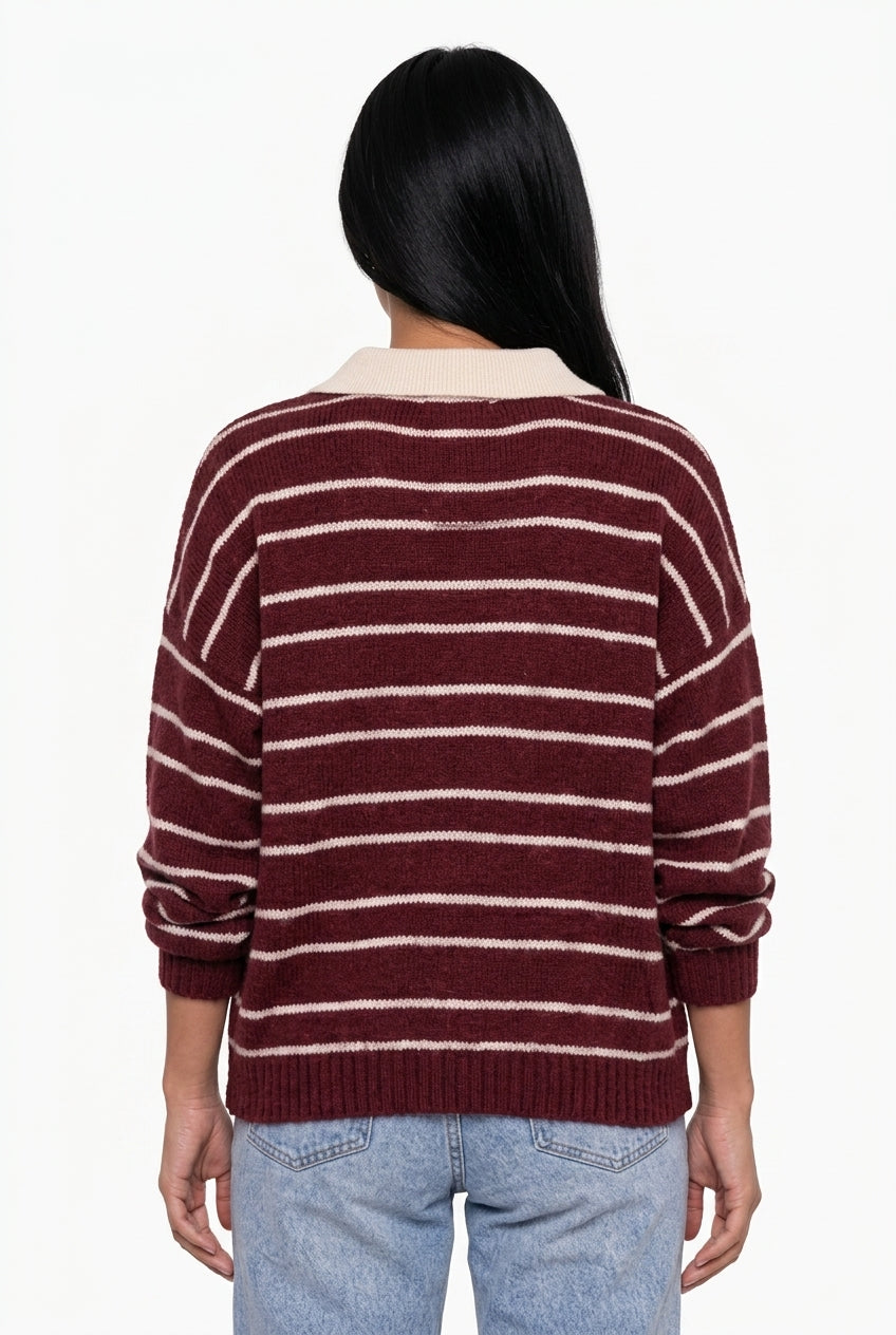 Oversized Burgundy Striped Polo Knit Sweater
