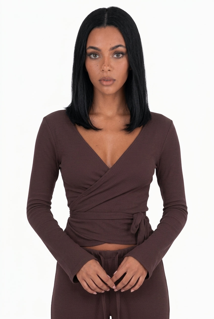 Ribbed Knit Wrap Top & Wide-Leg Pants Lounge Set