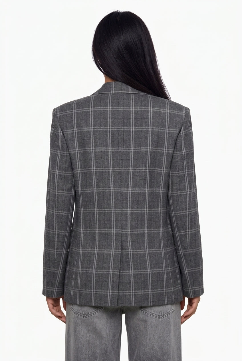 Plaid Asymmetric Stand-Collar Blazer
