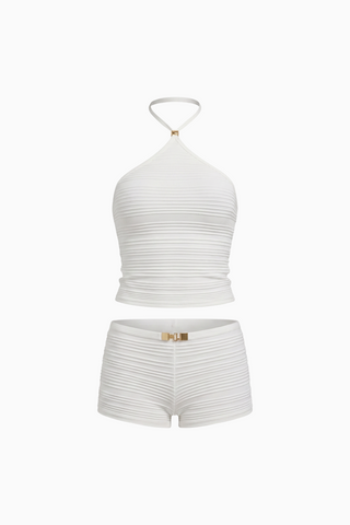 White Ribbed Halter Top and Shorts Set