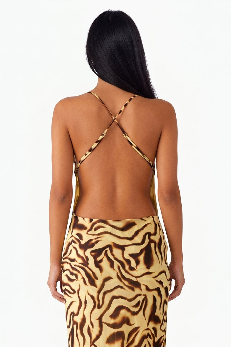 Cowl Neck Abstract Animal Print Maxi Dress