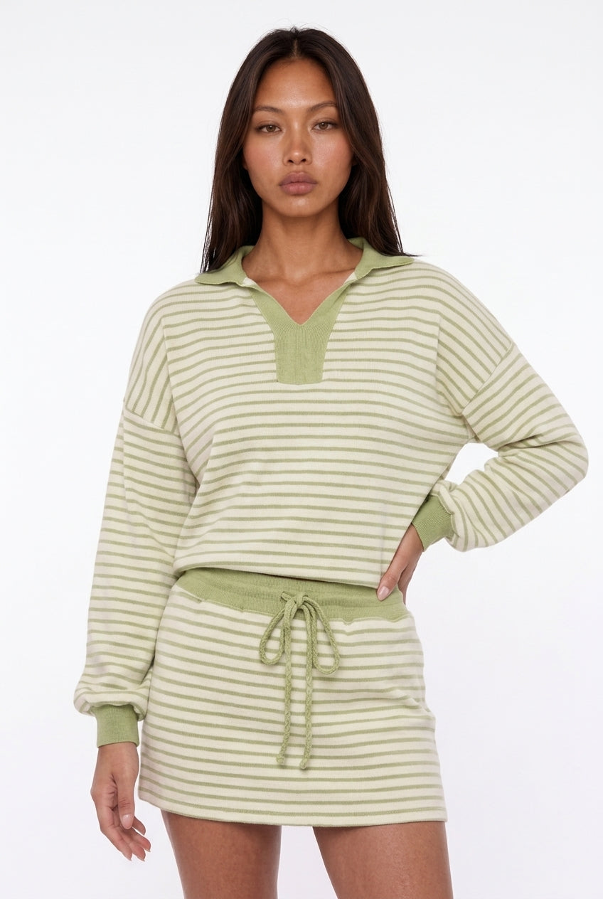 Striped Polo Sweatshirt and Mini Skirt Set