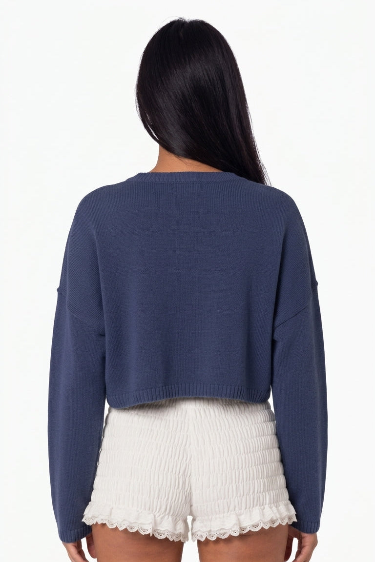 Dusty Blue Crewneck Intarsia Bow Crop Sweater