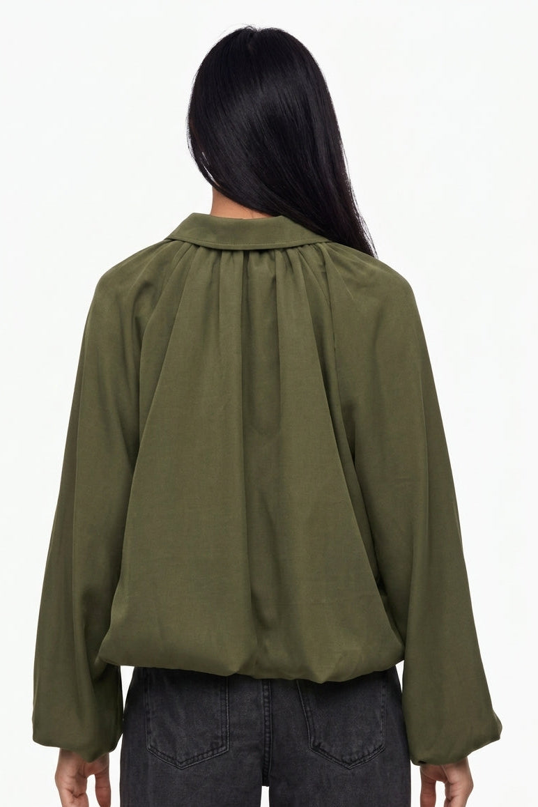 Collared Zip-Front Ruched Crop Jacket with Balloon Sleeves
