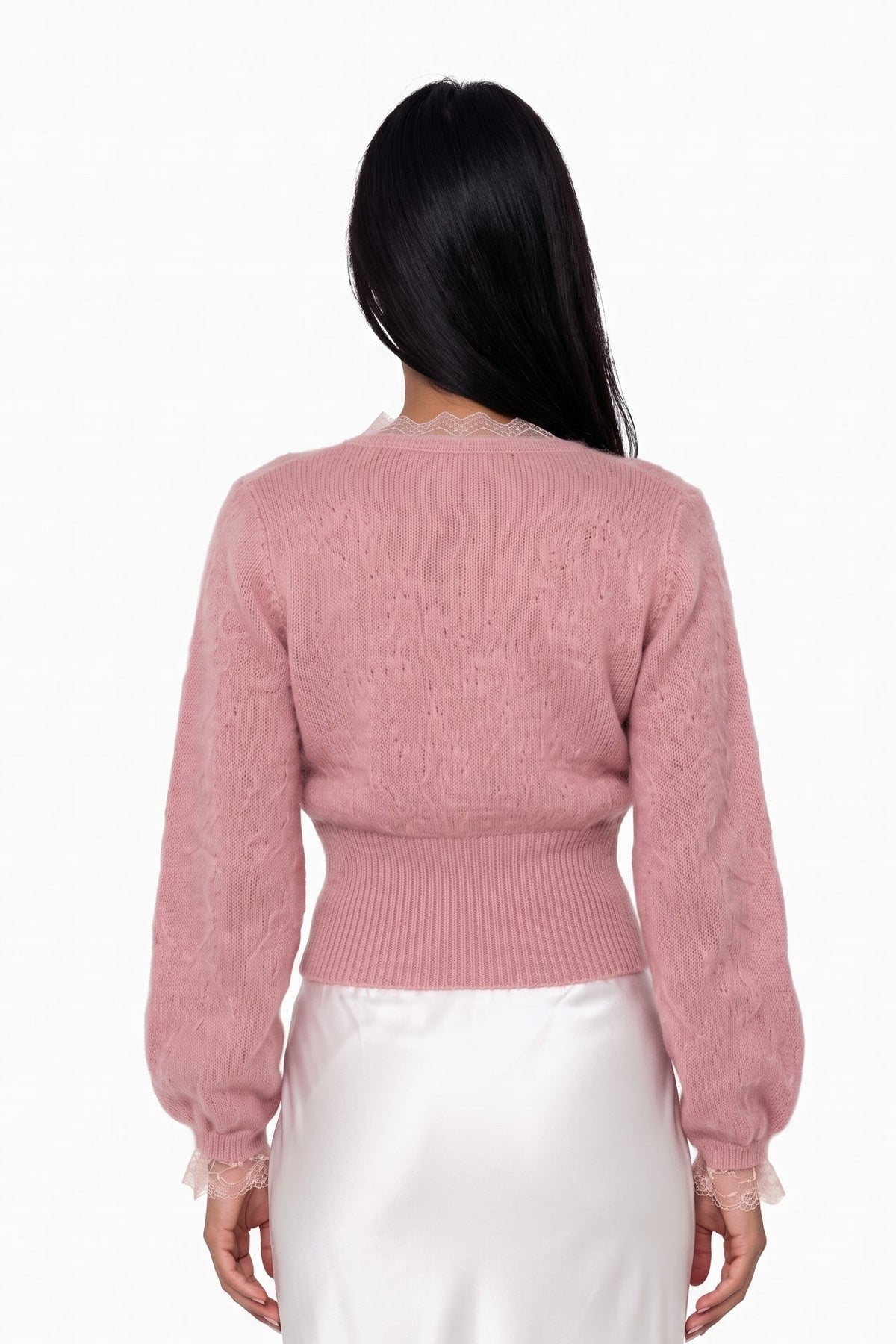 Pink Lace-Trimmed Fuzzy Knit Cardigan