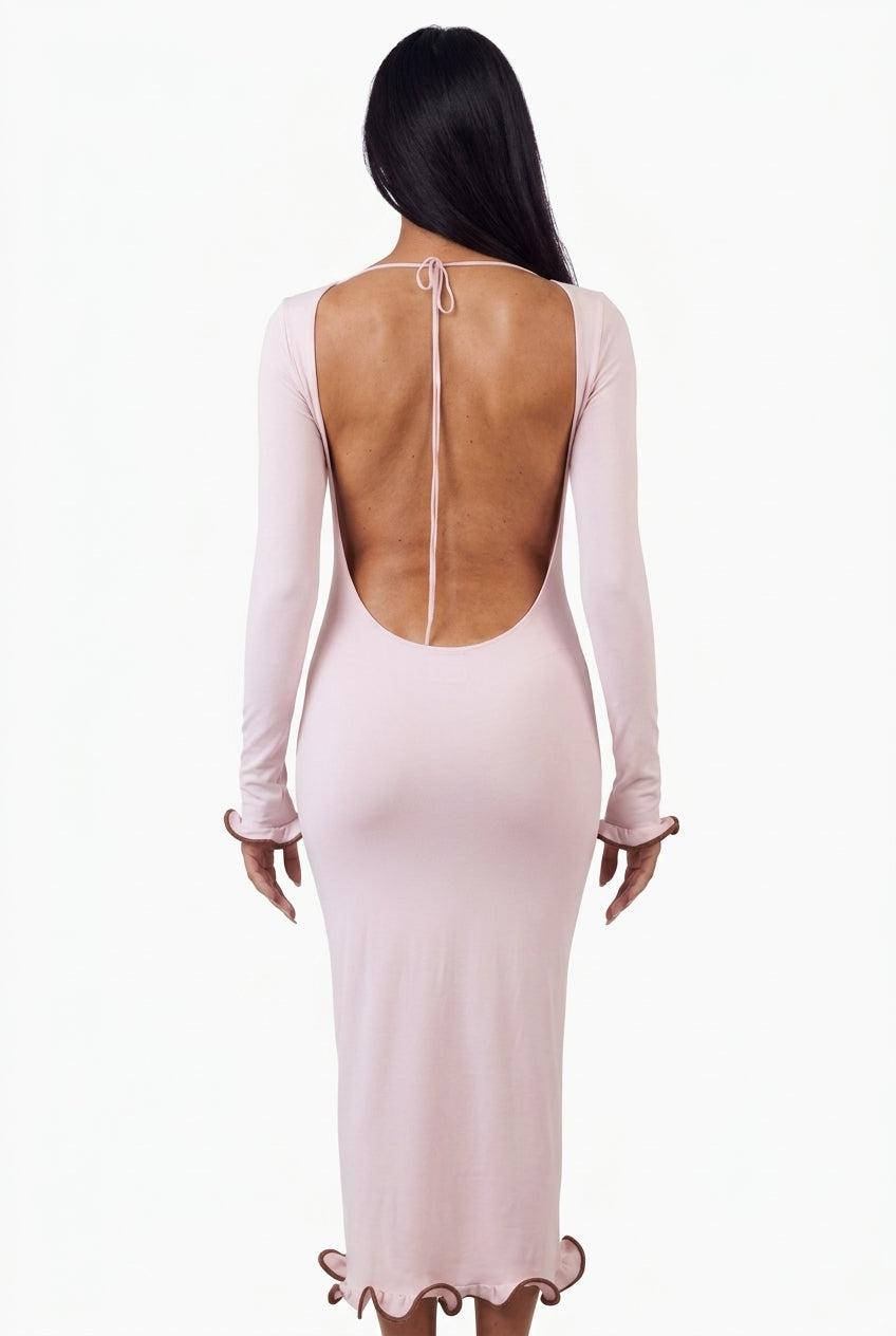 Contrast-Trim Lettuce-Edge Maxi Dress