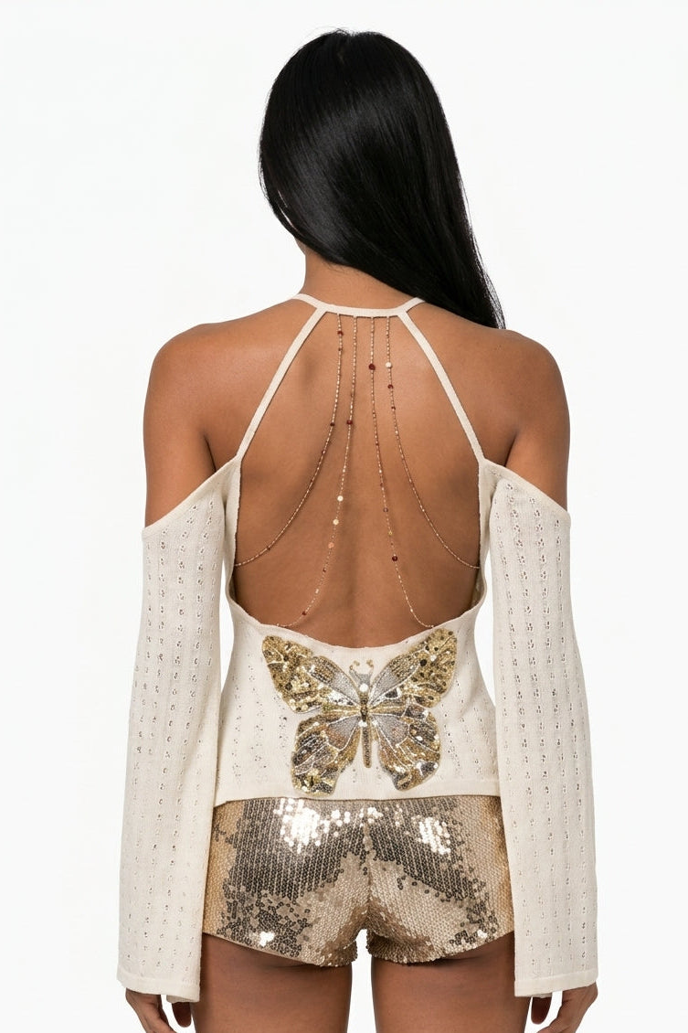 Textured Halter Neck Cold Shoulder Top with Bell Sleeves