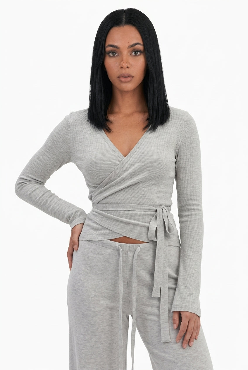 Ribbed Knit Wrap Top & Wide-Leg Pants Lounge Set