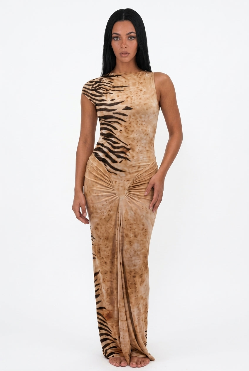 Sleeveless Tiger Print Ruched Maxi Dress