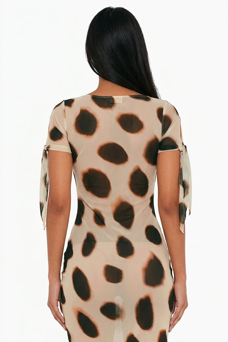 Spotted Mesh Tie-Sleeve Maxi Dress