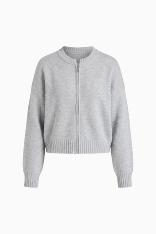 Light Grey Cropped Zip-Up Knit Cardigan