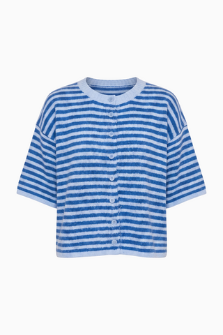 Oversized Blue Striped Short Sleeve Knit Cardigan