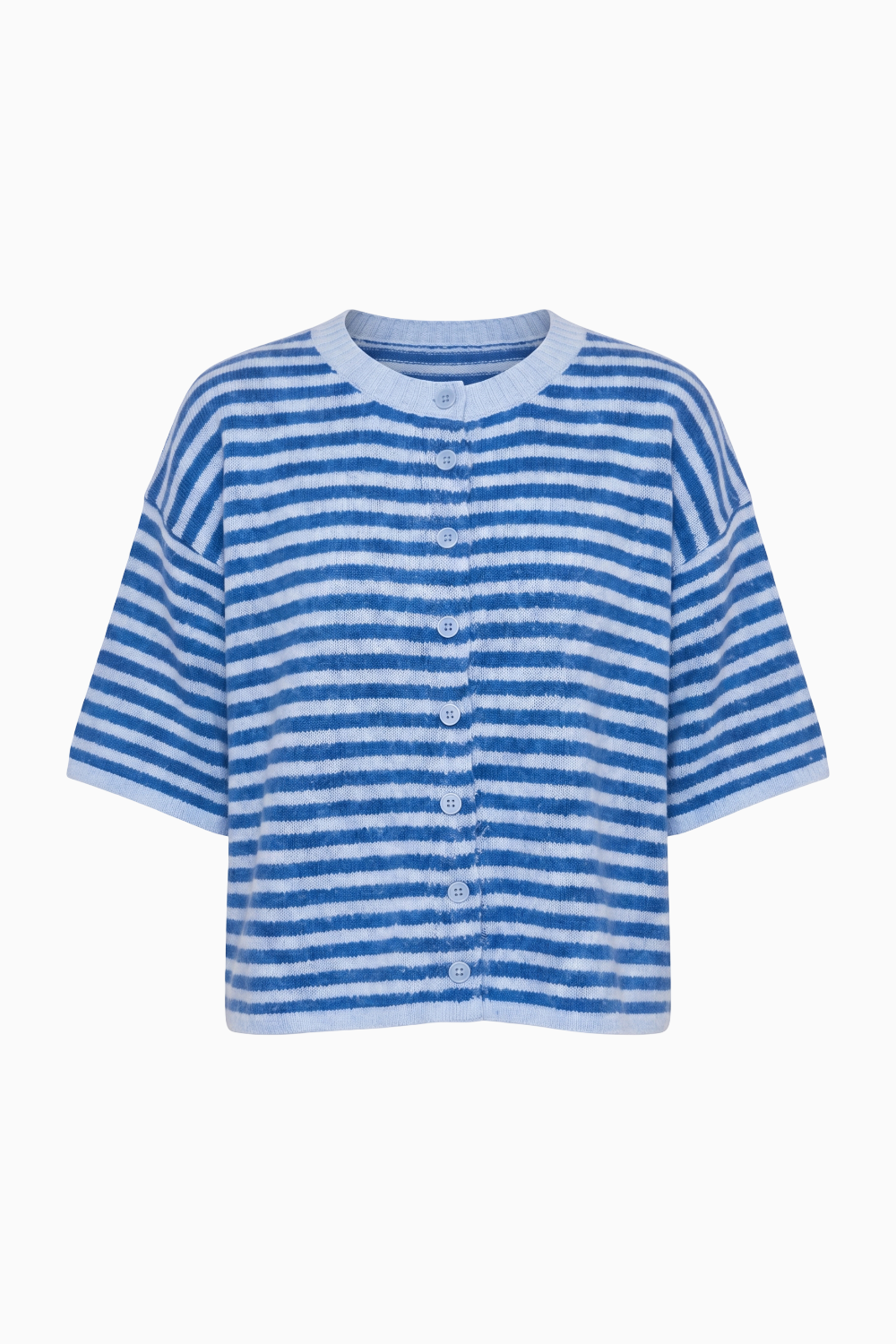 Oversized Blue Striped Short Sleeve Knit Cardigan