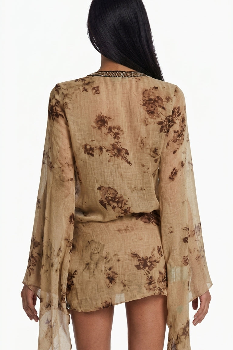 Beaded Floral Print Wrap Beach Dress