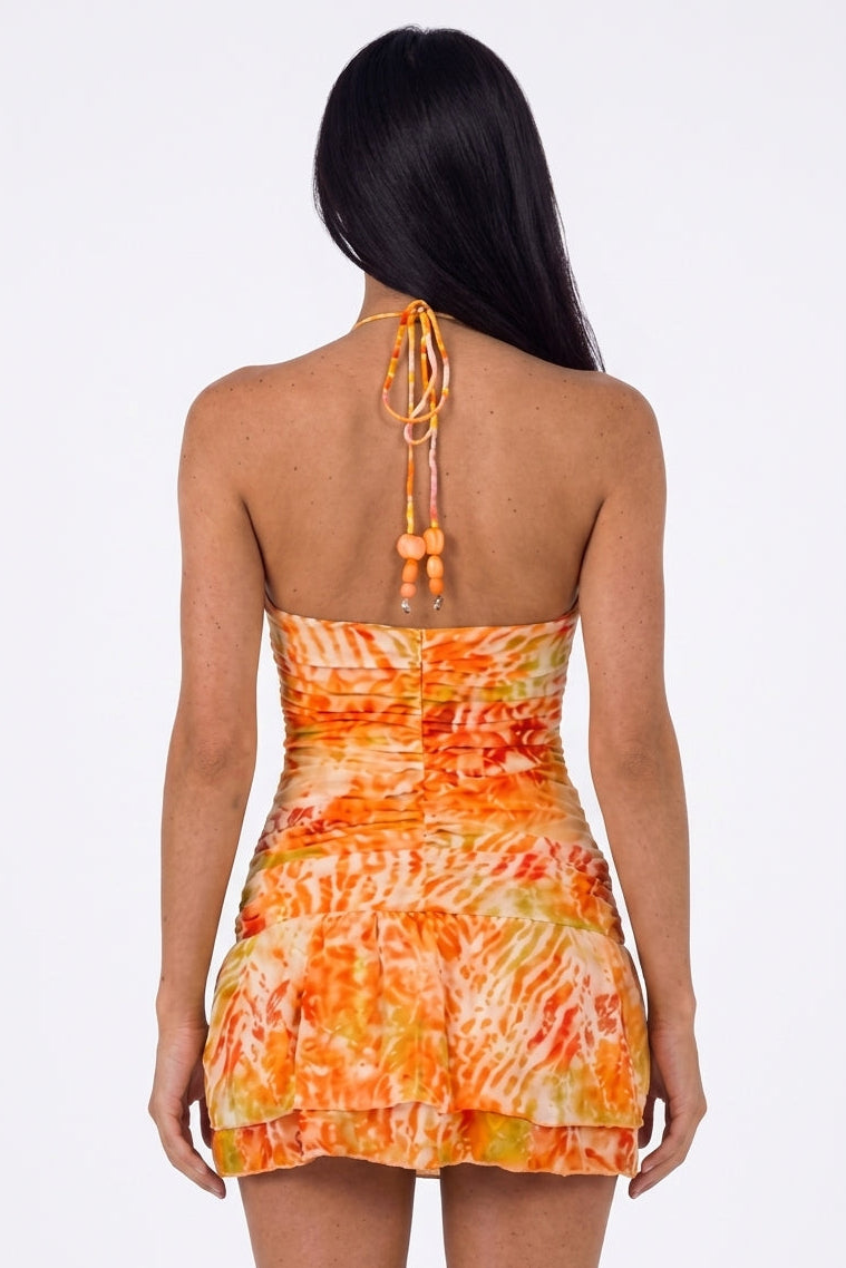 Vestido Mini Halter Calado Estampado