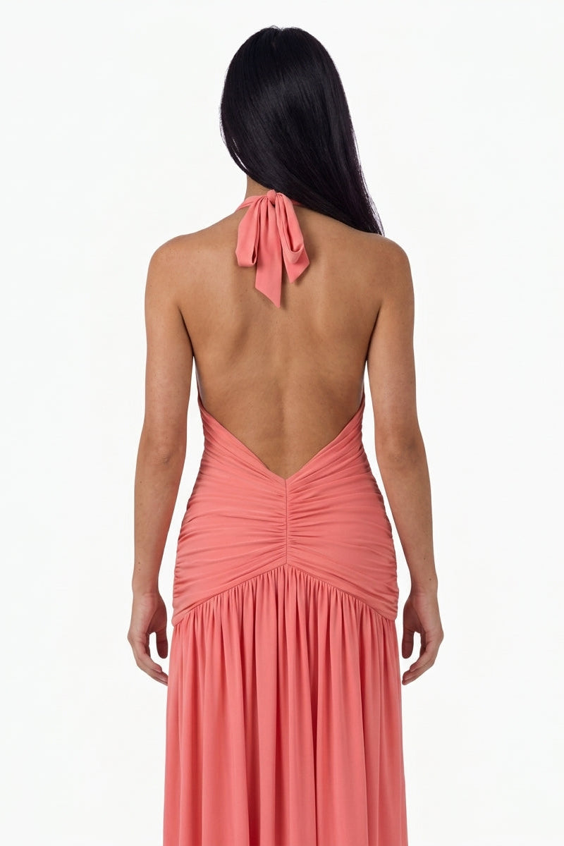 Coral Plunge Halter Maxi Dress