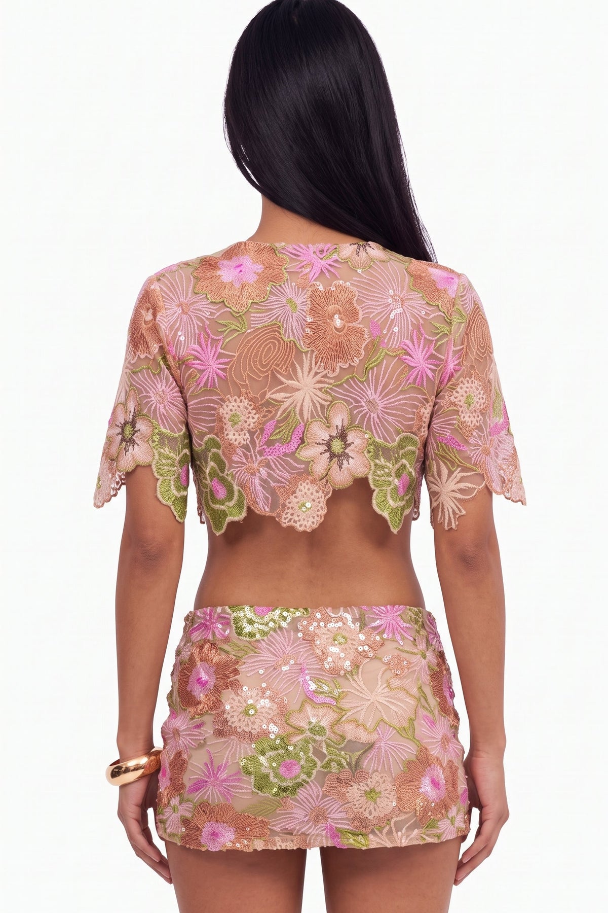 Floral Embroidered Mesh Crop Top and Mini Skirt Set