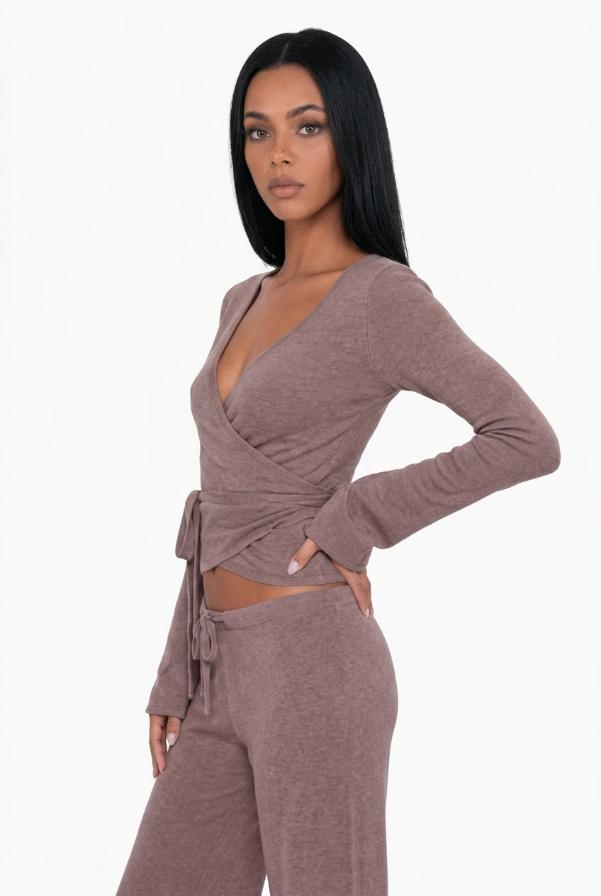 Ribbed Knit Wrap Top & Wide-Leg Pants Lounge Set