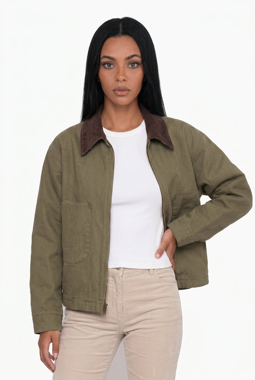 Corduroy-Collared Olive Work Jacket