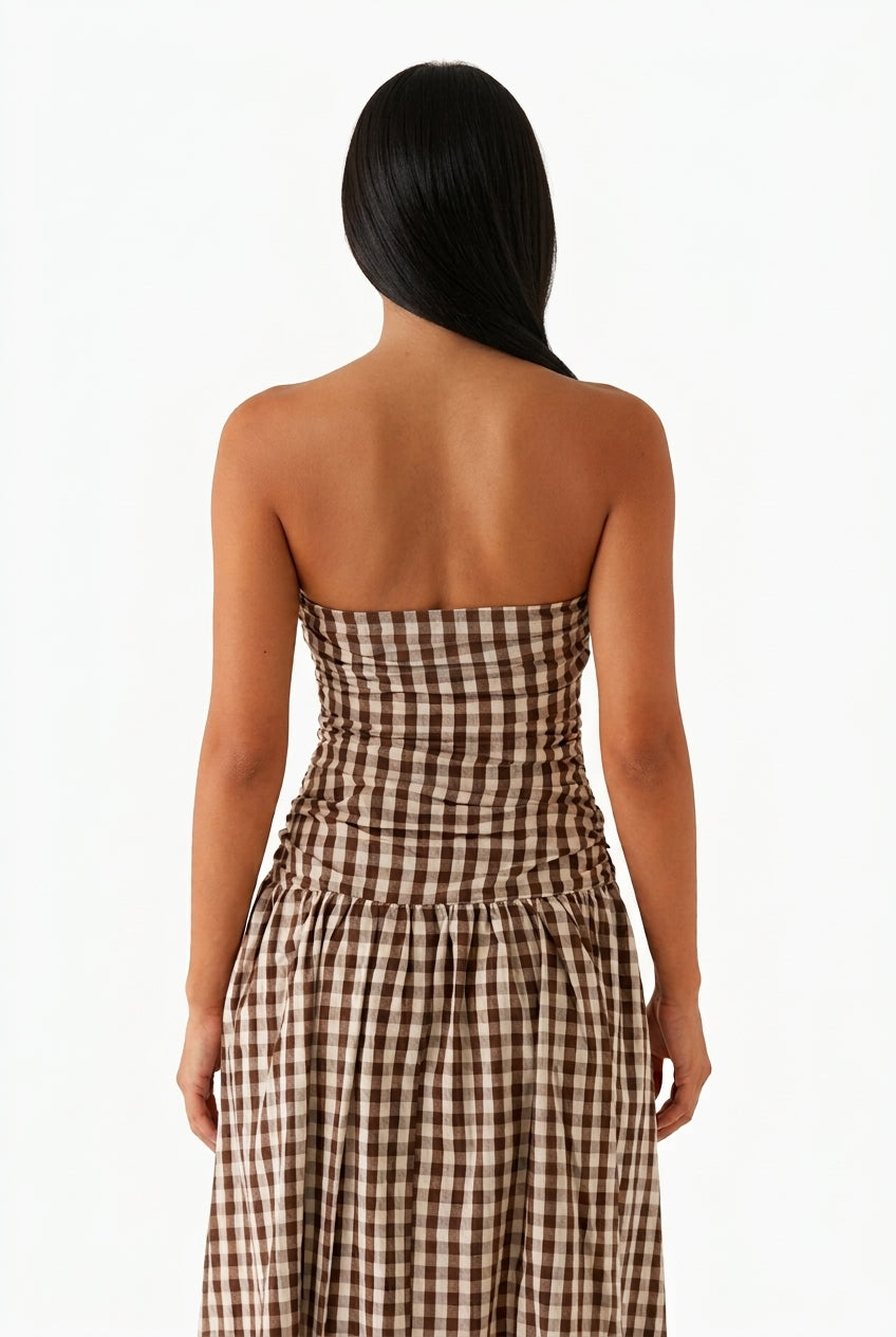 Brown Gingham Strapless Maxi Dress