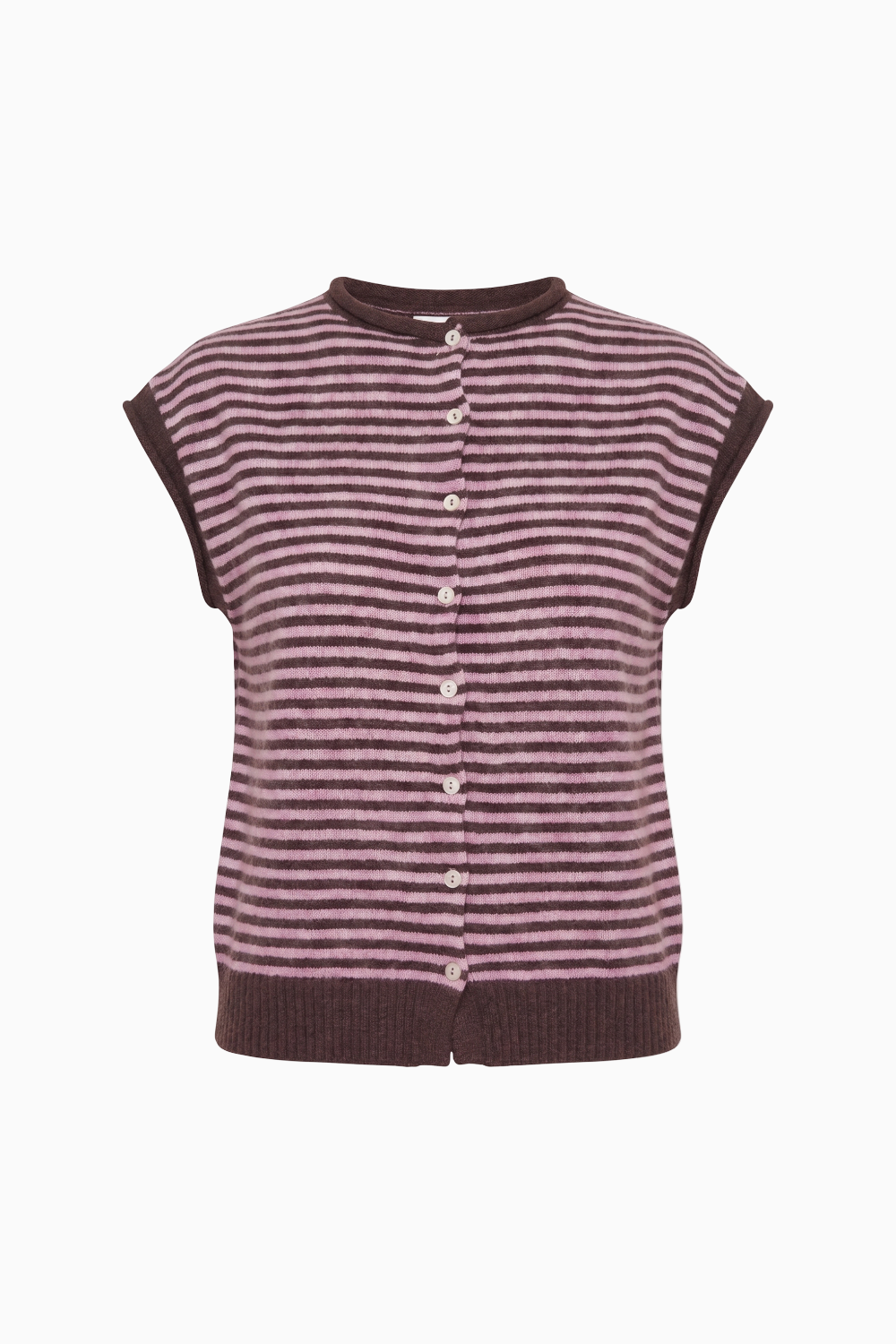 Striped Cashmere-Blend Sleeveless Cardigan - Mauve & Dark Brown