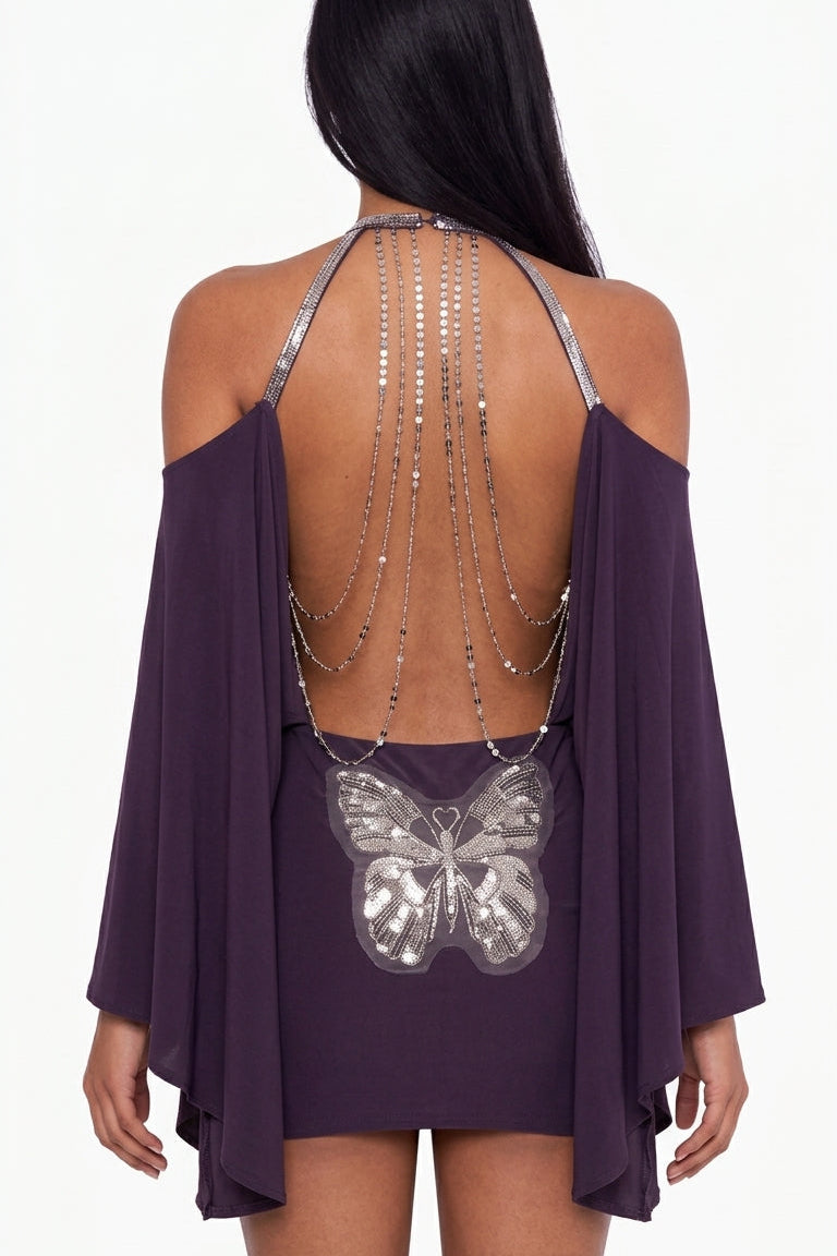 Draped Batwing Sleeve Embellished Backless Party Dress