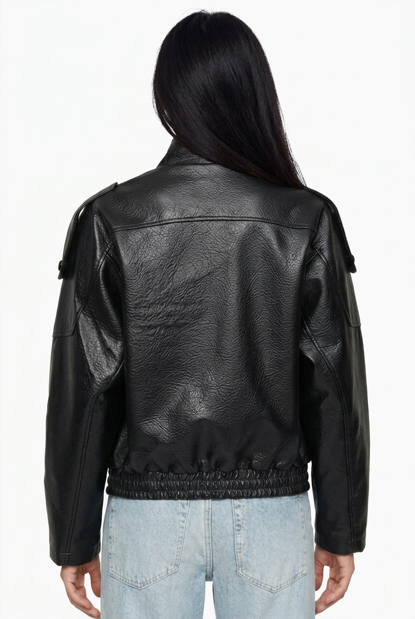 Black Crinkled Faux Leather Oversized Bomber Jacket