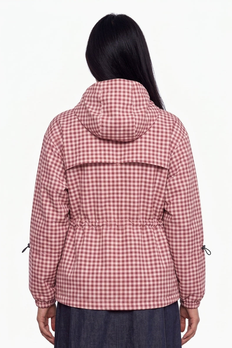 Gingham Check Zip-Up Hooded Utility Jacket