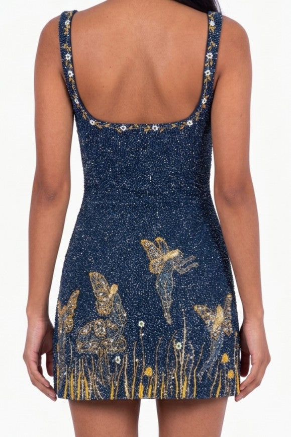 Navy Celestial Beaded Mini Dress