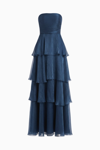 Navy Tiered Ruffle Strapless Maxi Dress