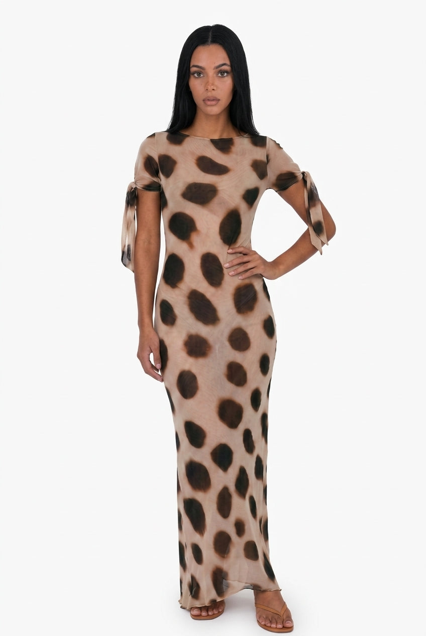 Spotted Mesh Tie-Sleeve Maxi Dress