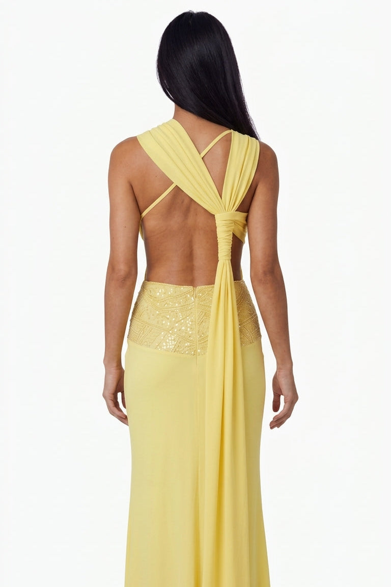 Lemon Yellow Ruched Gown with Sequin Detail Dress