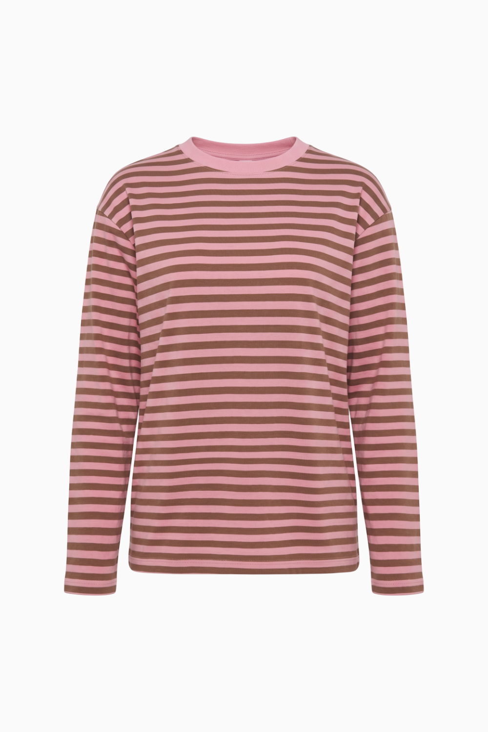 Pink and Brown Striped Long-Sleeve Crewneck Top