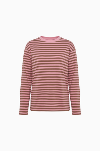 Pink and Brown Striped Long-Sleeve Crewneck Top