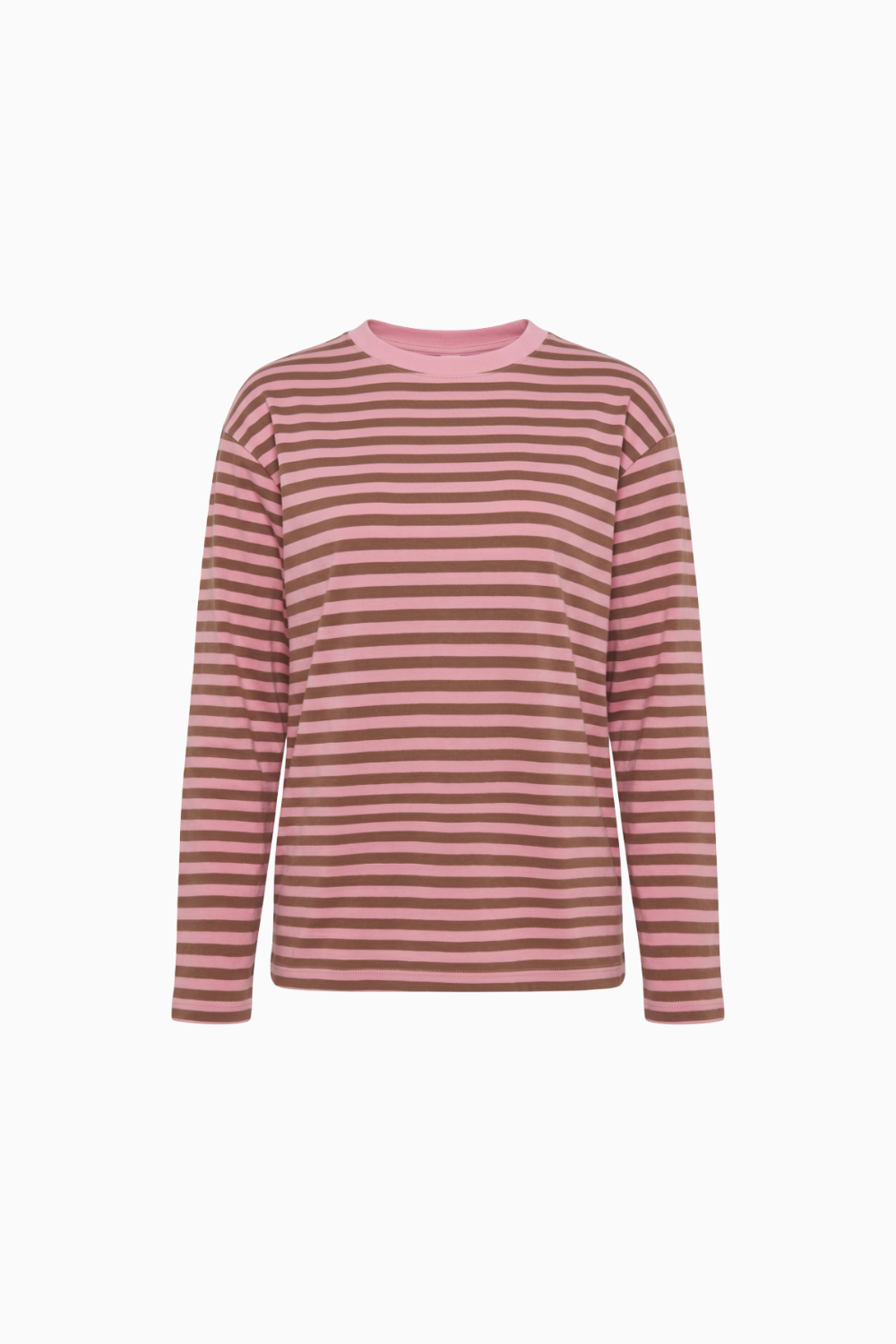 Pink and Brown Striped Long-Sleeve Crewneck Top