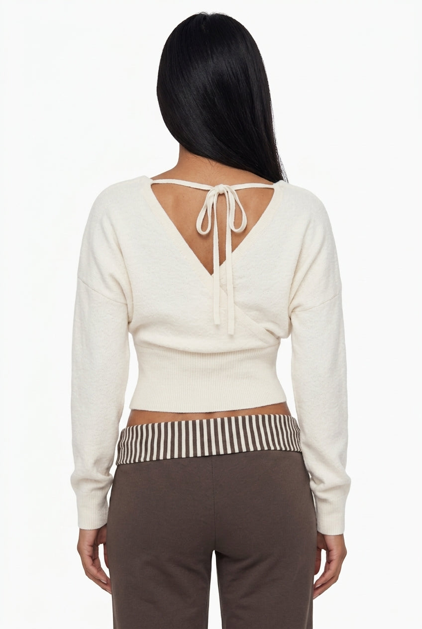 Ivory Cropped V-Neck Wrap Sweater