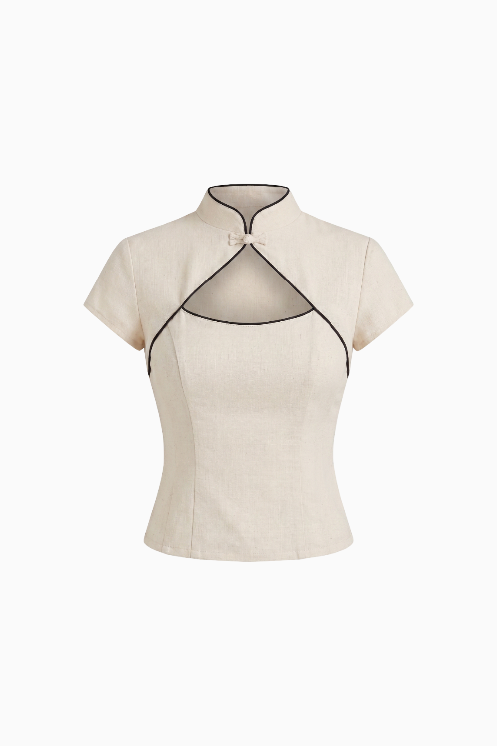 Blusa de manga corta con cuello mandarín y abertura en forma de lágrima