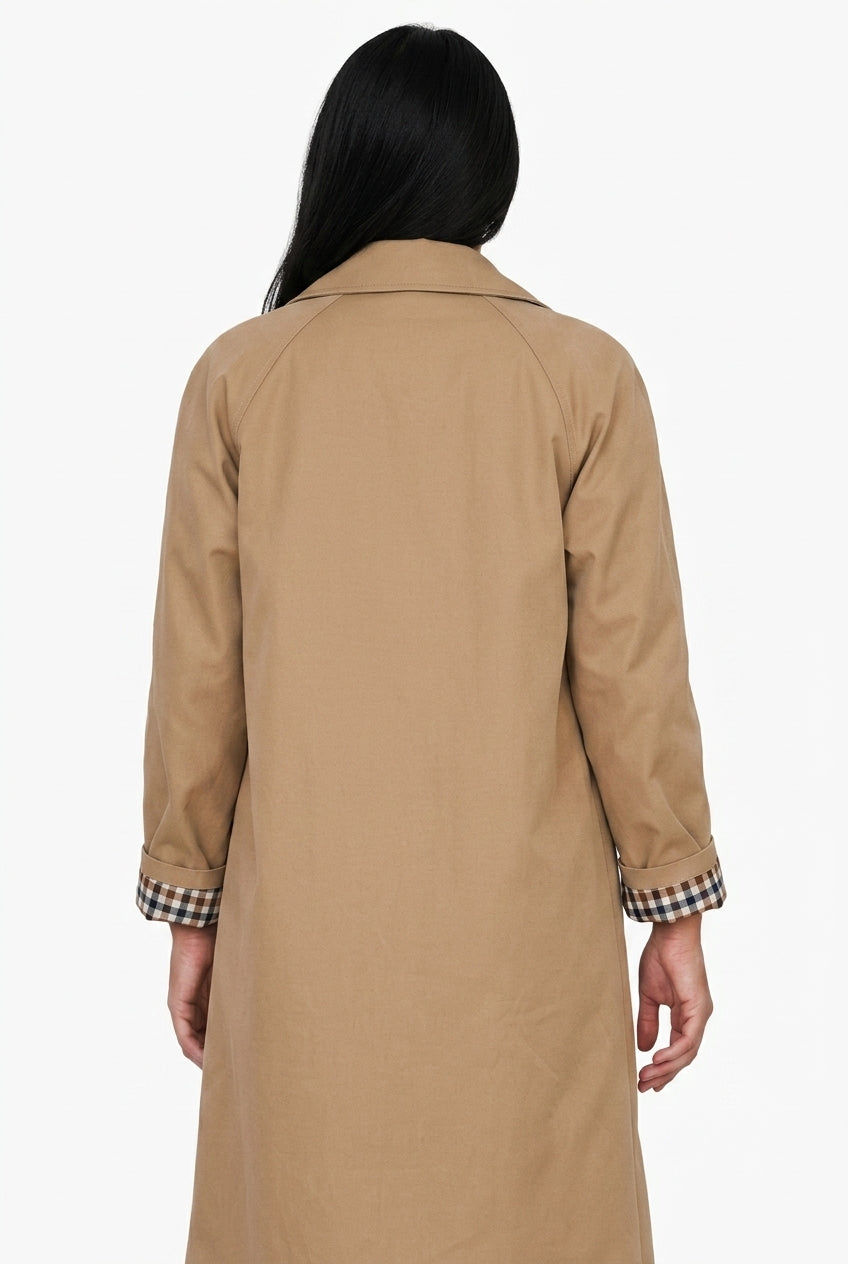 Classic Beige Single-Breasted Coat with Plaid Cuffs