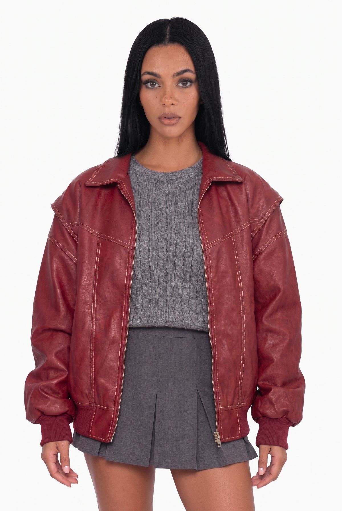 Oversized Crimson Contrast-Stitch Bomber Jacket