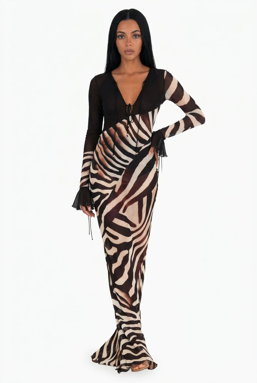 Zebra Print Sheer Panel Maxi Dress