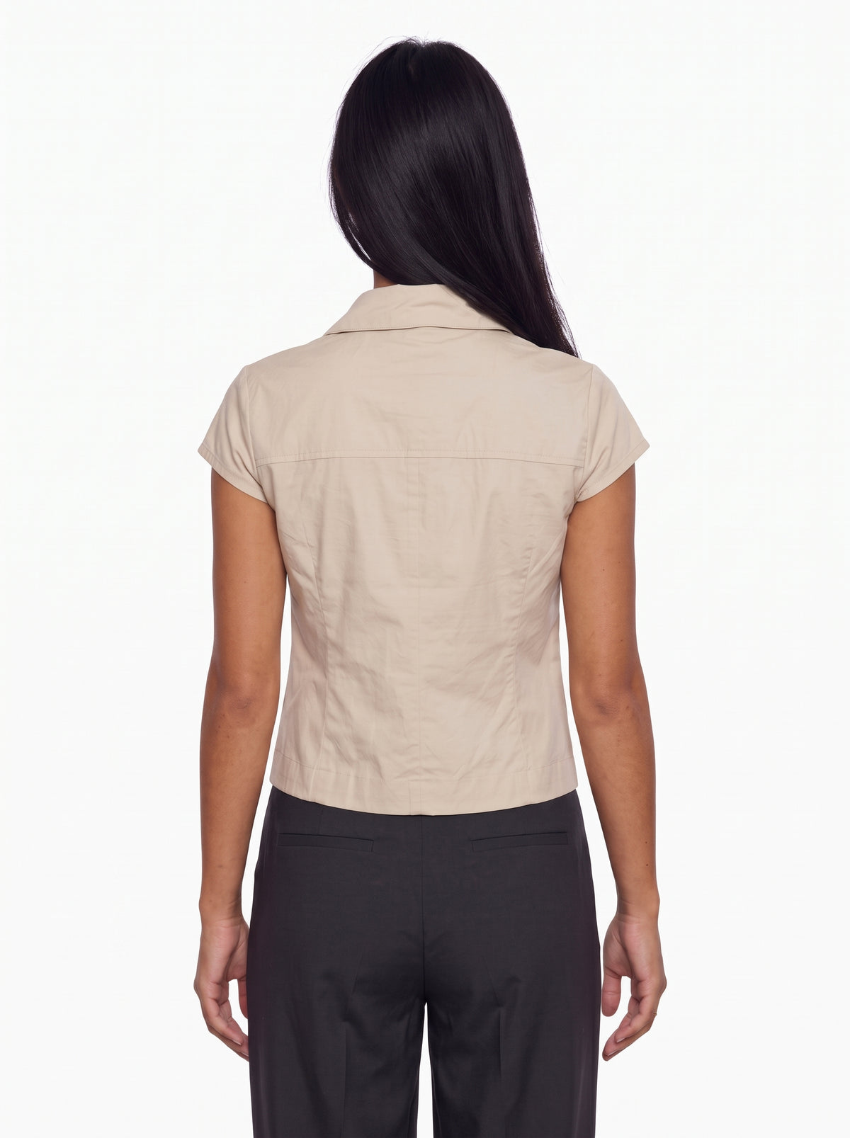 Stone Beige Structured Trench-Inspired Fitted Top