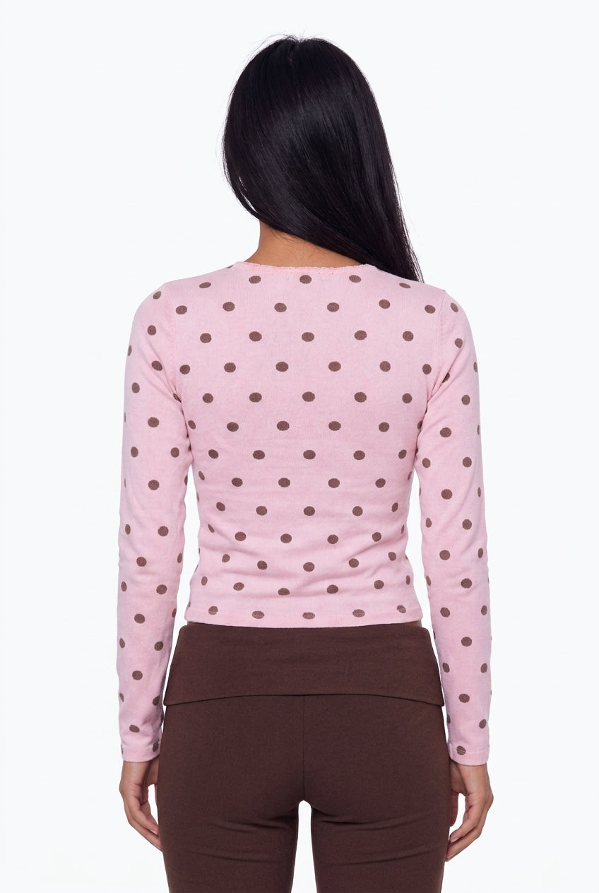 Polka Dot Print Crewneck Long Sleeve Top