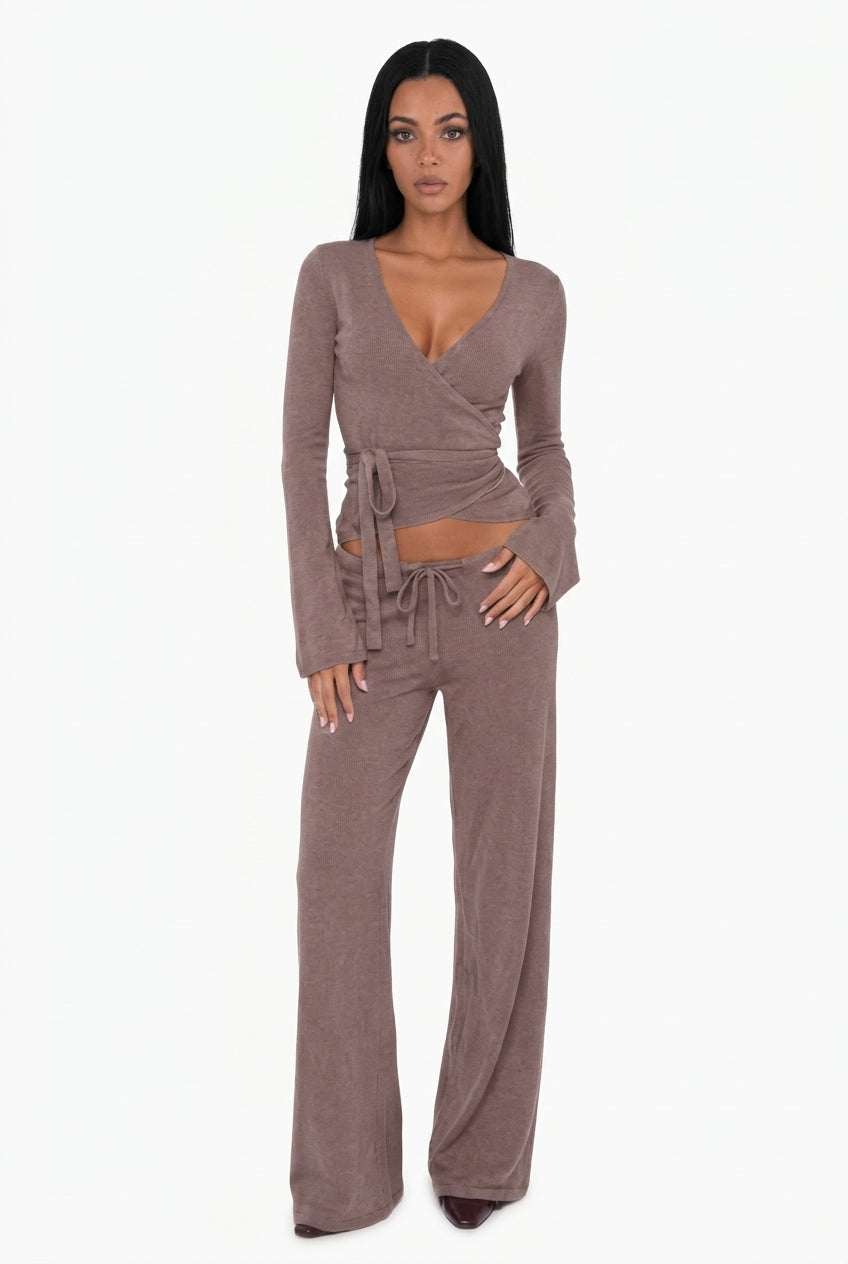Ribbed Knit Wrap Top & Wide-Leg Pants Lounge Set