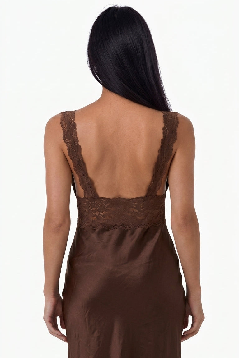 Chocolate Brown Satin Lace-Trim Maxi Dress